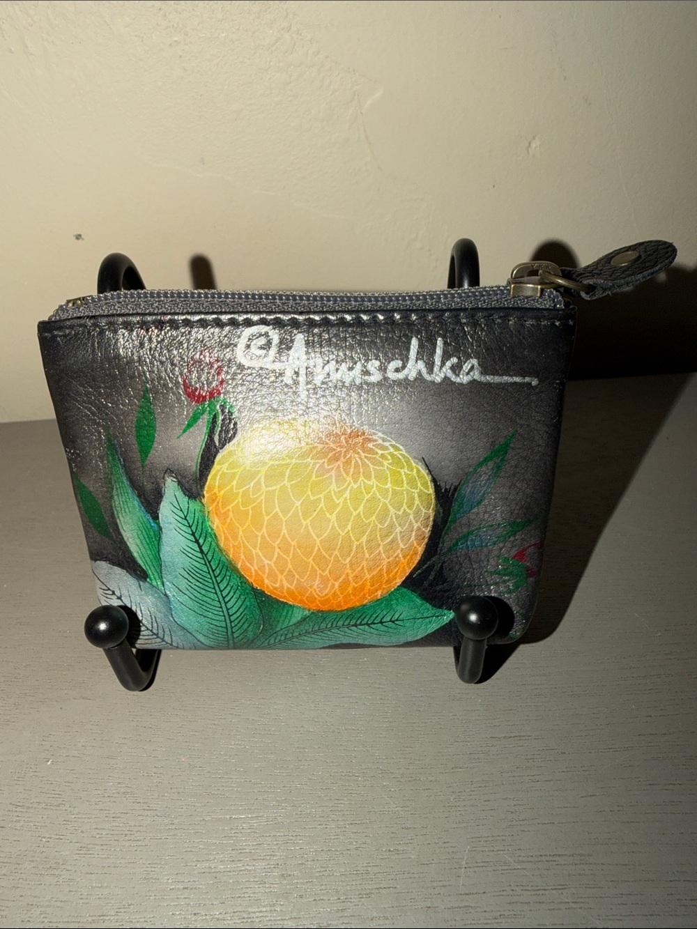 Anuschka Black Leather Coin Pouch with Hand-Painted Yellow-Orange Floral Motif